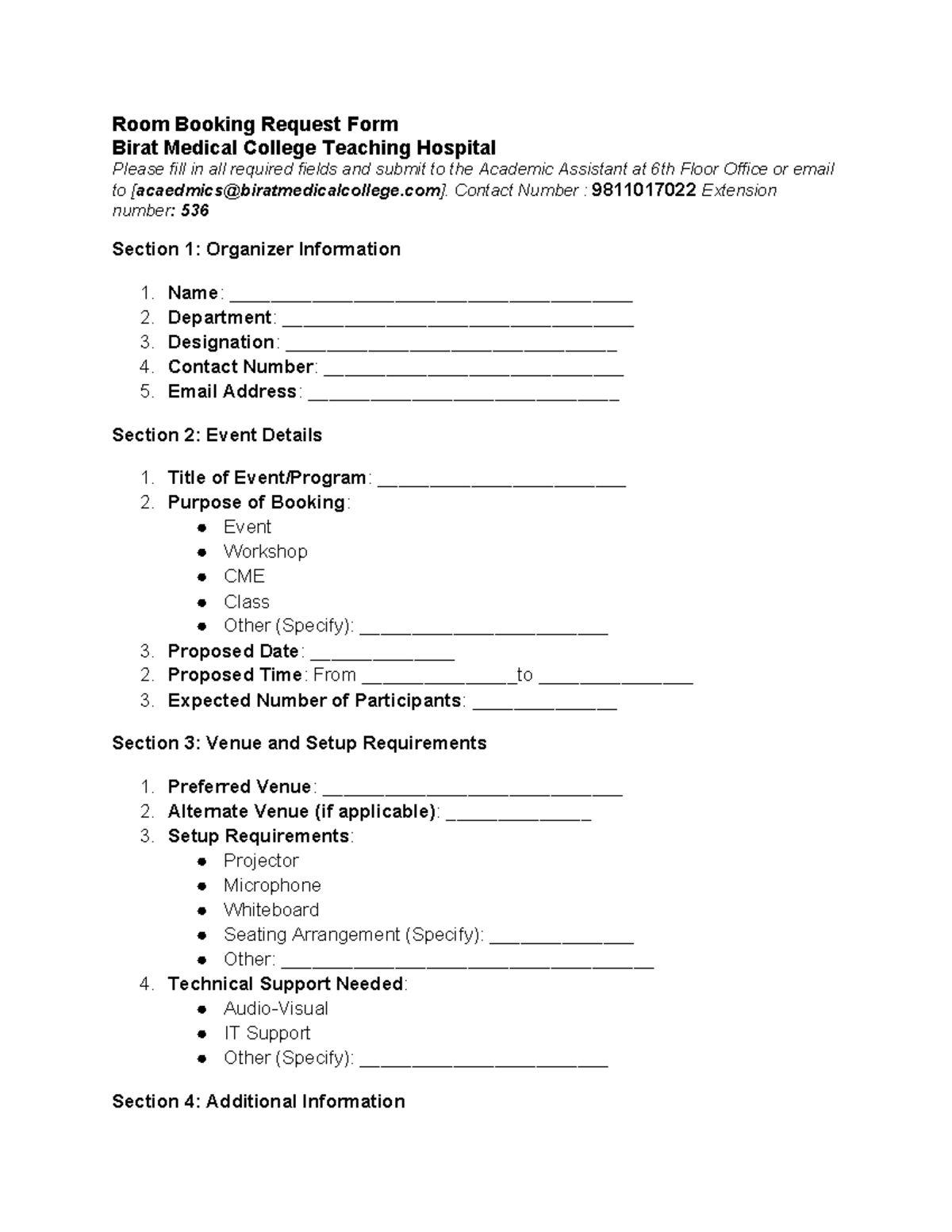 Room Booking Request Form - Birat Medical College (BMCTH) - Studocu