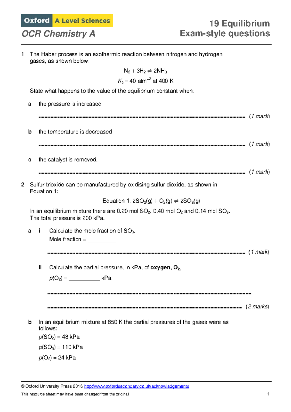 19 Equilibrium Questions - OCR Chemistry A Study Guide - Studocu