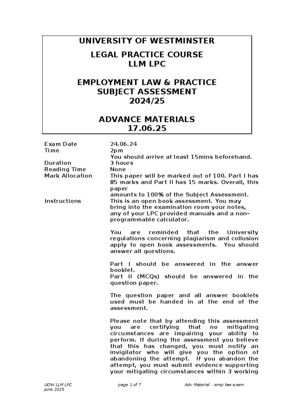 UOW LLM LPC Employment Law Practice Exam Advance Materials 2025 - Studocu