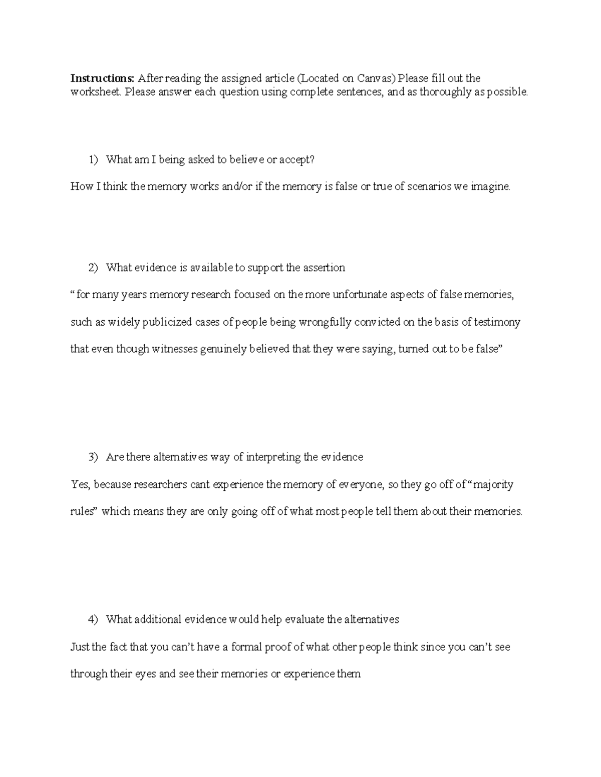 Critical Thinking Assignment Worksheet (10): Analyzing Memory Evidence ...