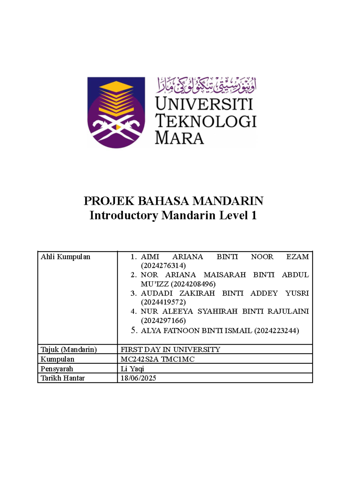 MC242S2A Final Exam: Mandarin Script Group 5 (2025) - Studocu