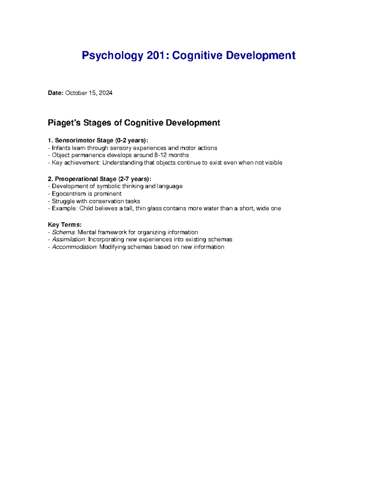 Psychology lecture notes - Psychology 201: Cognitive Development Date ...