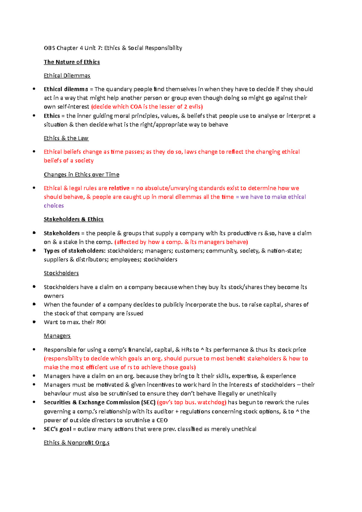 OBS Chapter 4 Notes - OBS Chapter 4 Unit 7: Ethics & Social ...