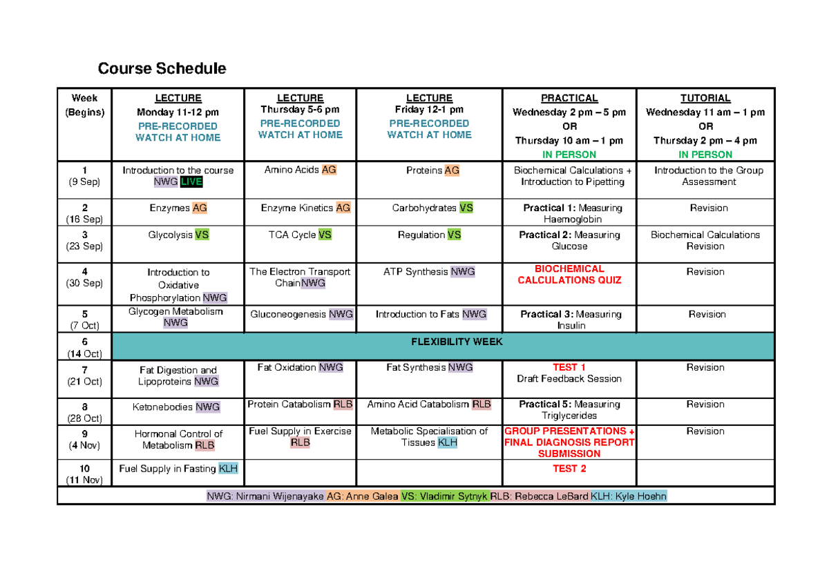 Course Schedule 2024 - Course Schedule Week (Begins) LECTURE Monday 11 ...