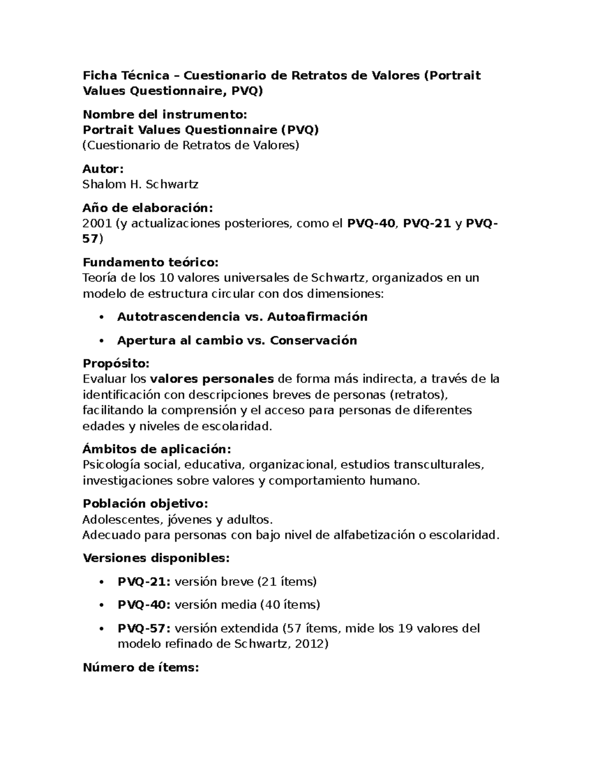 Ficha Técnica: Cuestionario de Retratos de Valores (PVQ) - Studocu