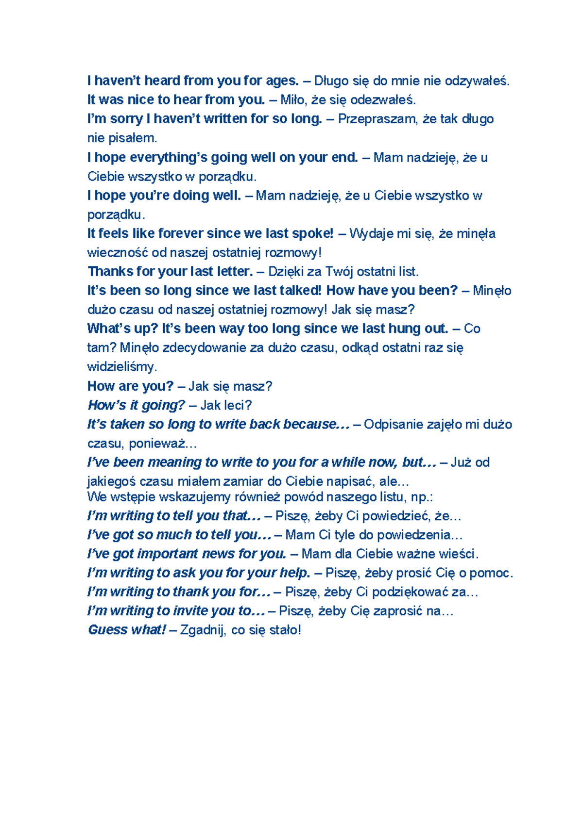 Polish Letter Writing Phrases - I Haven't Heard from You for Ages - Studocu