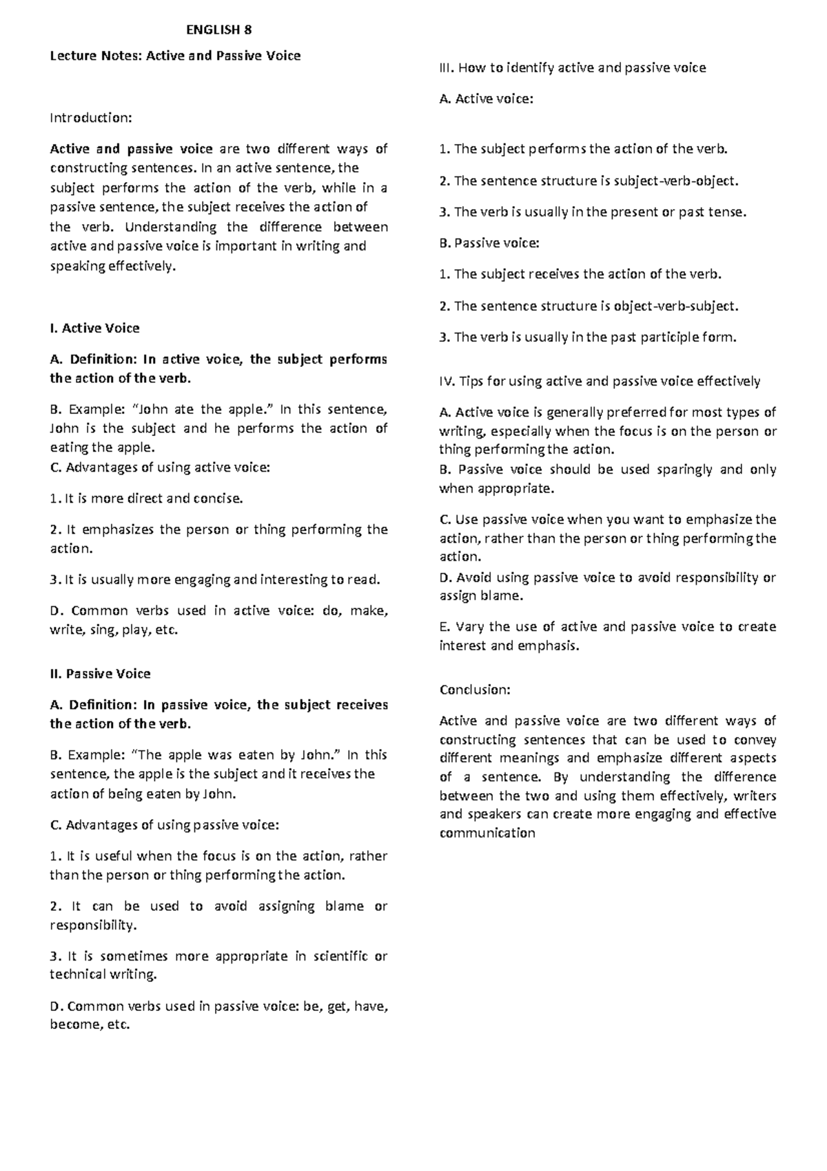 ENGLISH 8: Lecture Notes on Active and Passive Voice - Studocu