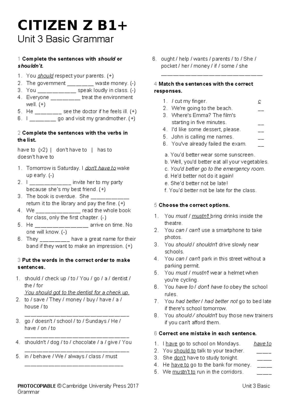 CITIZEN Z Unit 3 Basic Grammar Exercises and Answer Key - Studocu