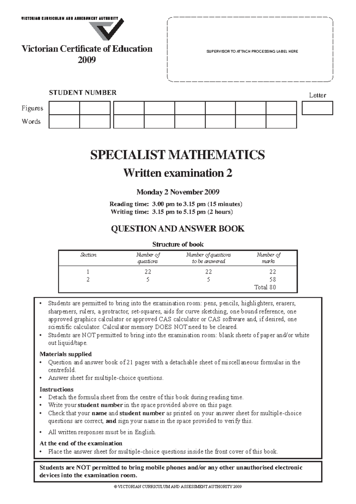 2009 VCE Specialist Mathematics Exam 2 - Question & Answer Book - Studocu