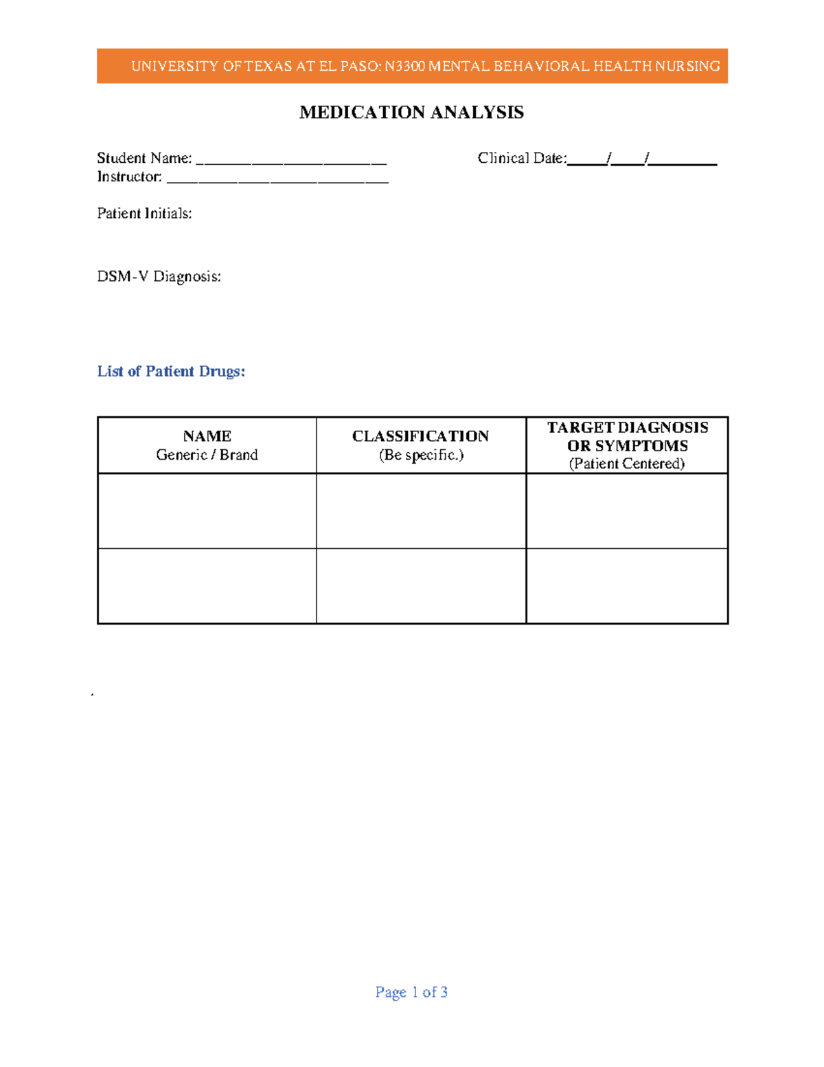 Medication Analysis - work template - UNIVERSITY OF TEXAS AT EL PASO ...