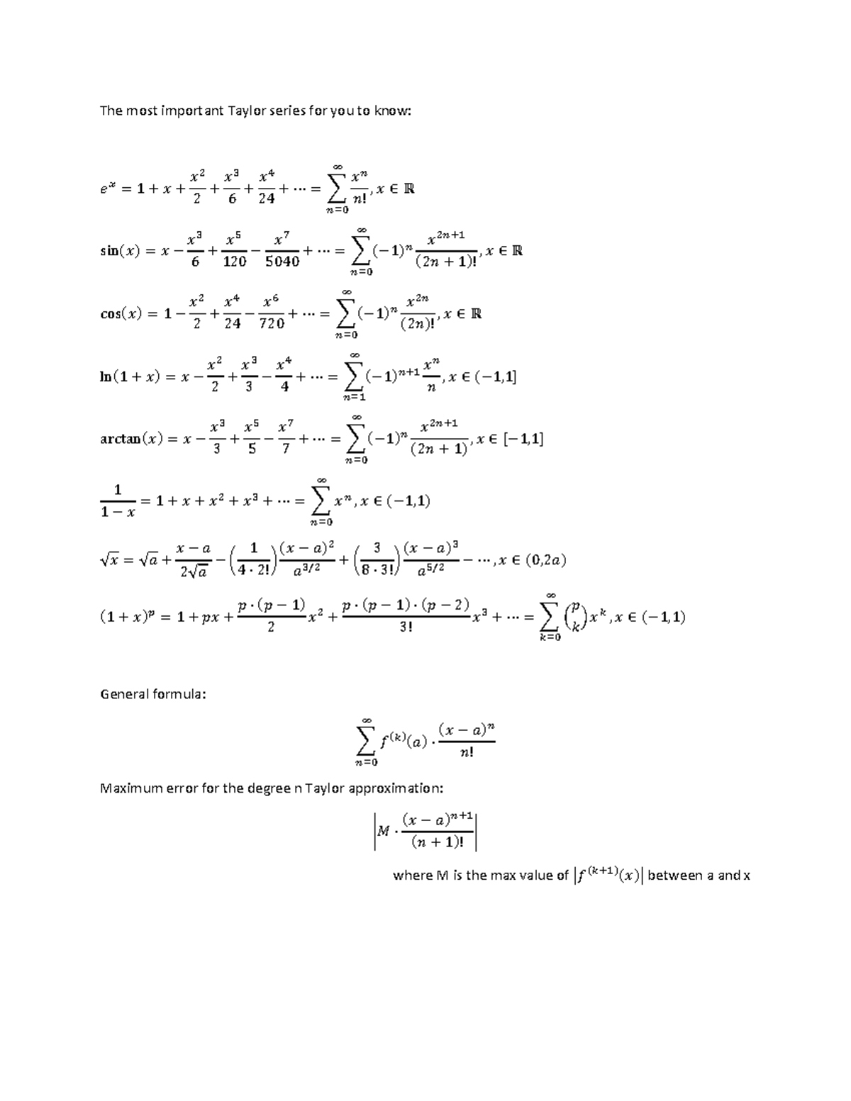 Taylor Series to Remember: Key Formulas and Approximations - Studocu