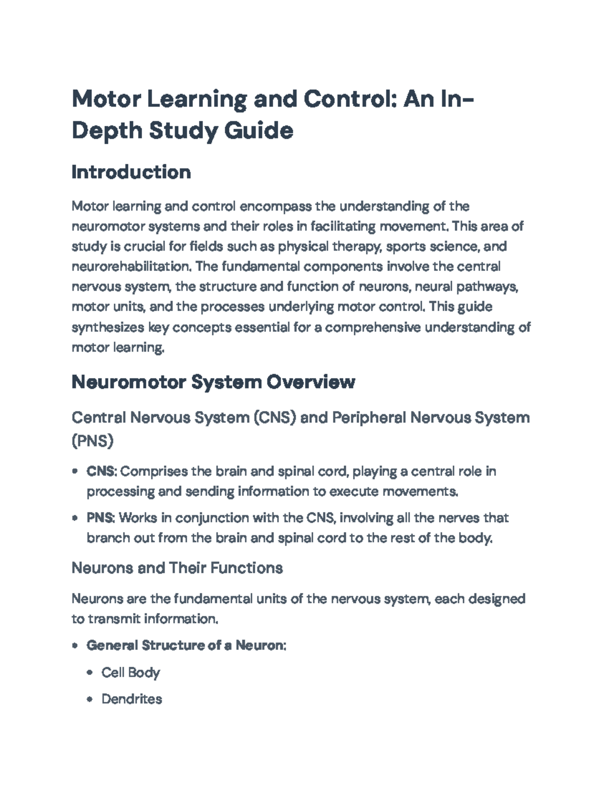 Motor Learning and Control: Comprehensive Study Guide (Course Code ...