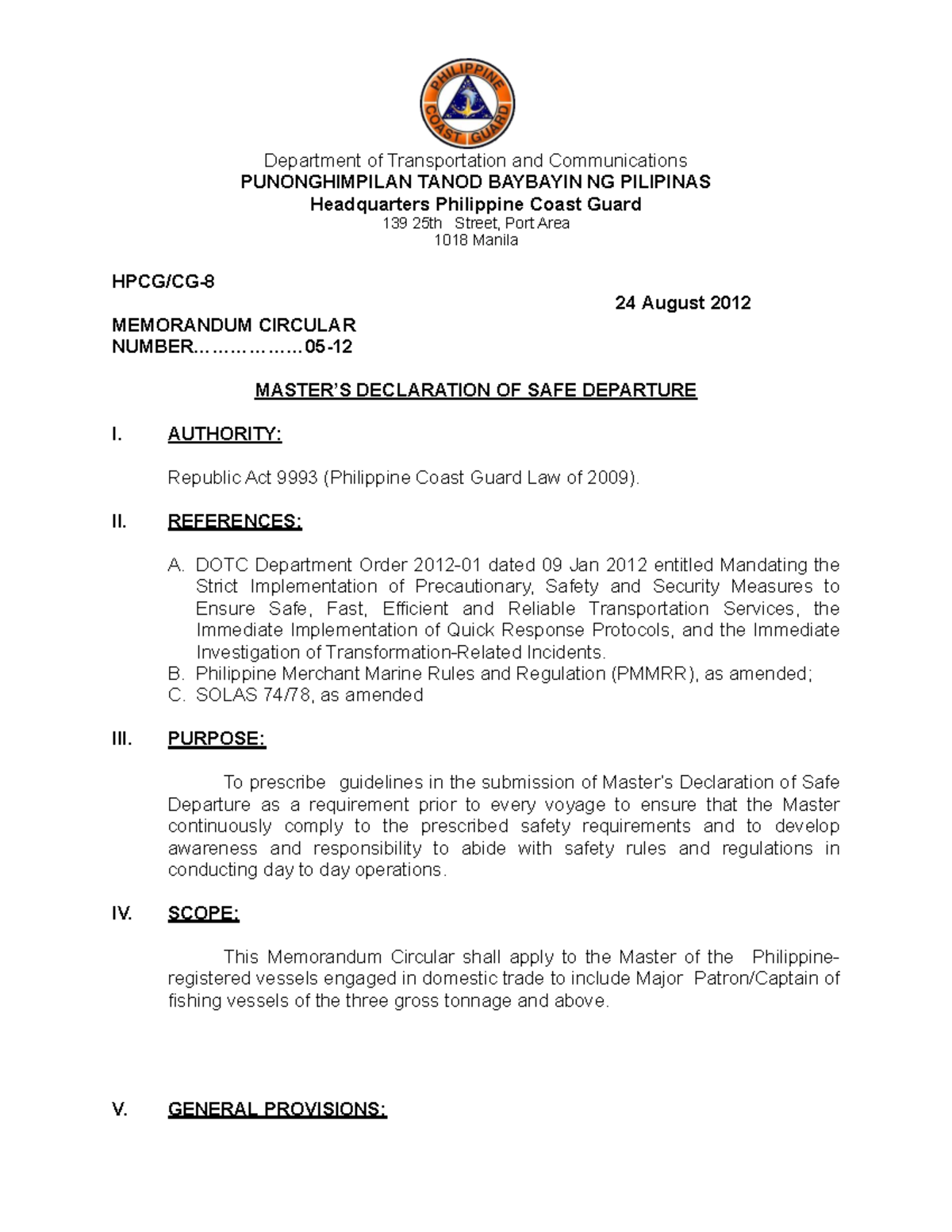 MC05-12 - Guidelines for Master's Declaration of Safe Departure - Studocu
