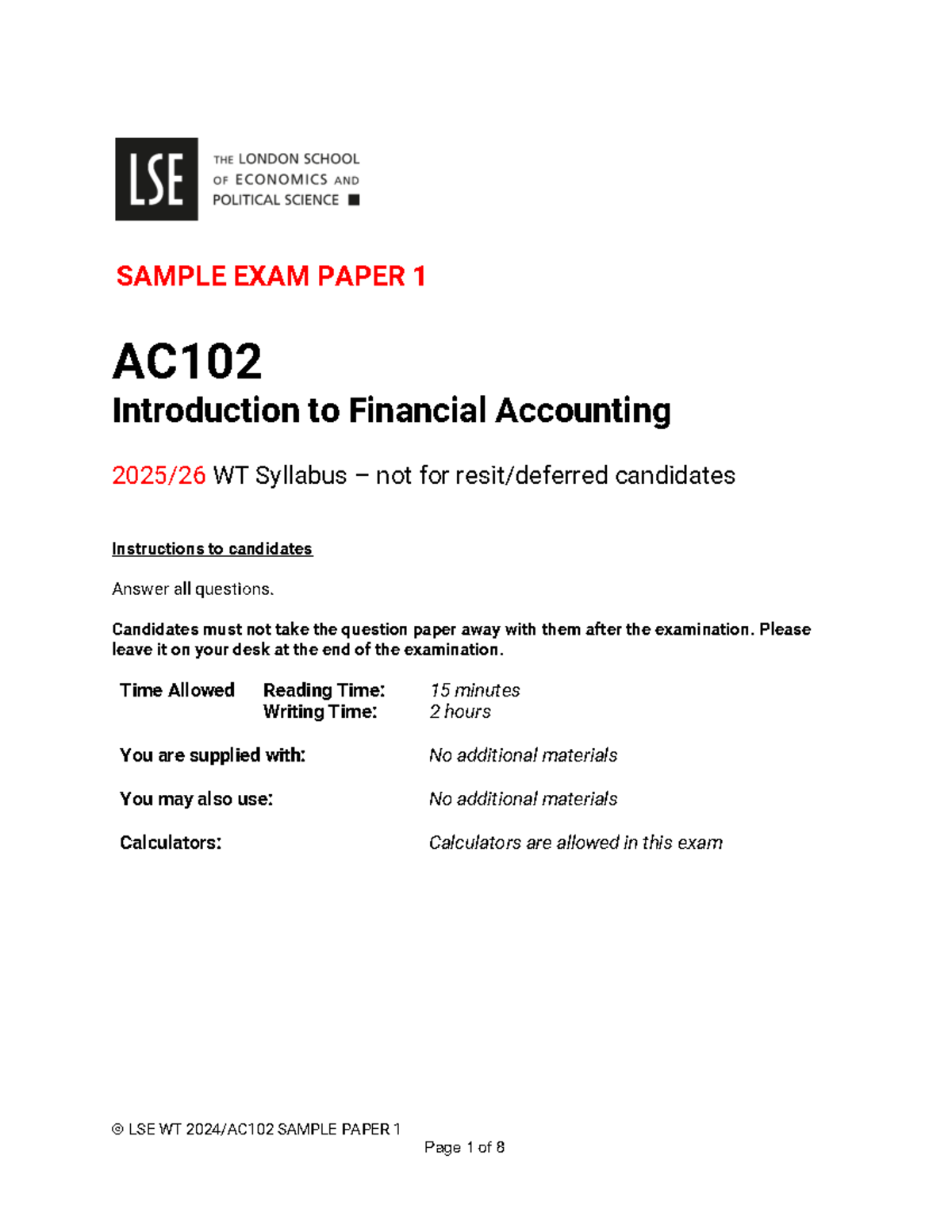 AC102 Sample Exam Paper 1: Introduction to Financial Accounting - Studocu