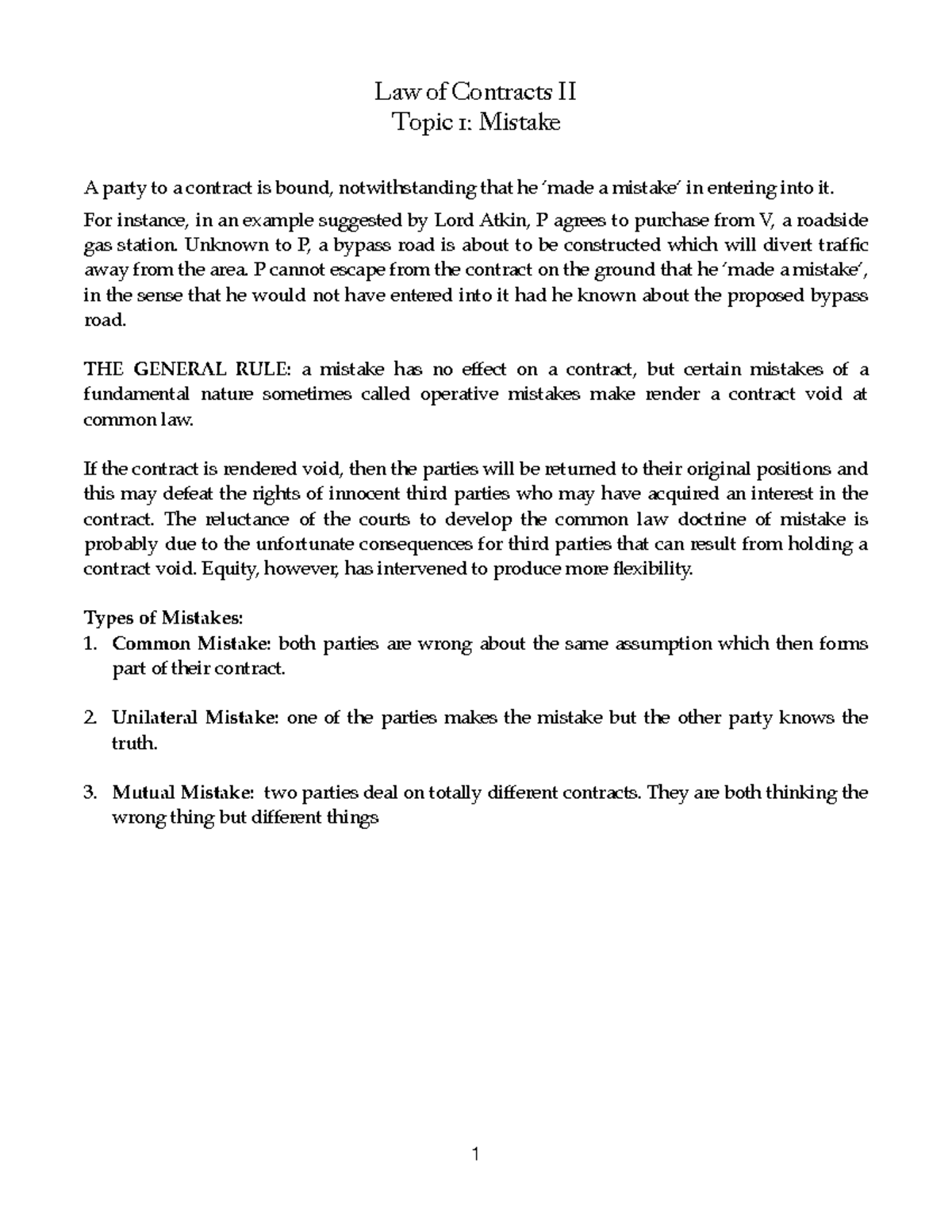 Contracts II - Study Notes on Mistakes in Law - Studocu