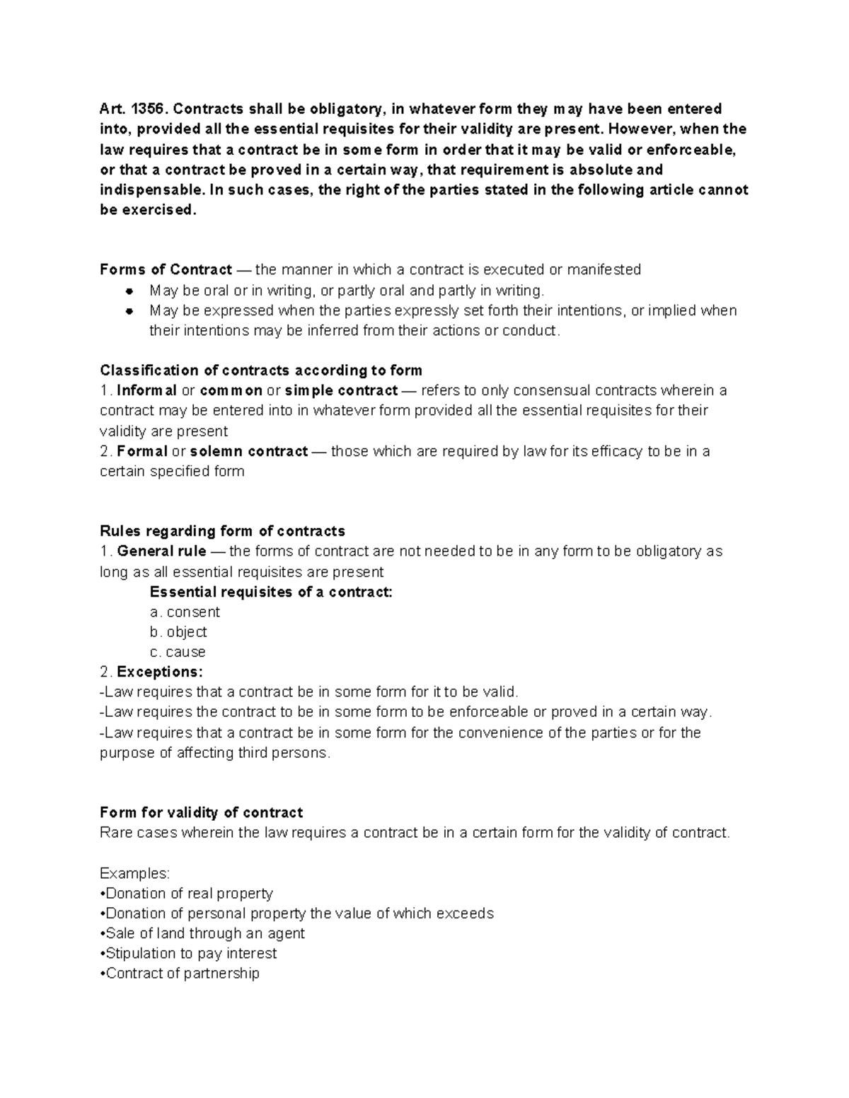 Art 1358 - ObliCon Article 1358 - Art. 1356. Contracts shall be ...