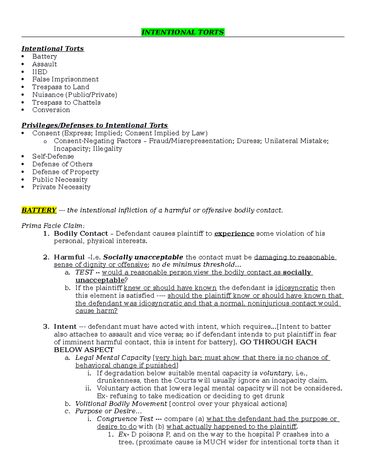 Torts Law Outline: Intentional Torts, Defenses & Key Cases - Studocu