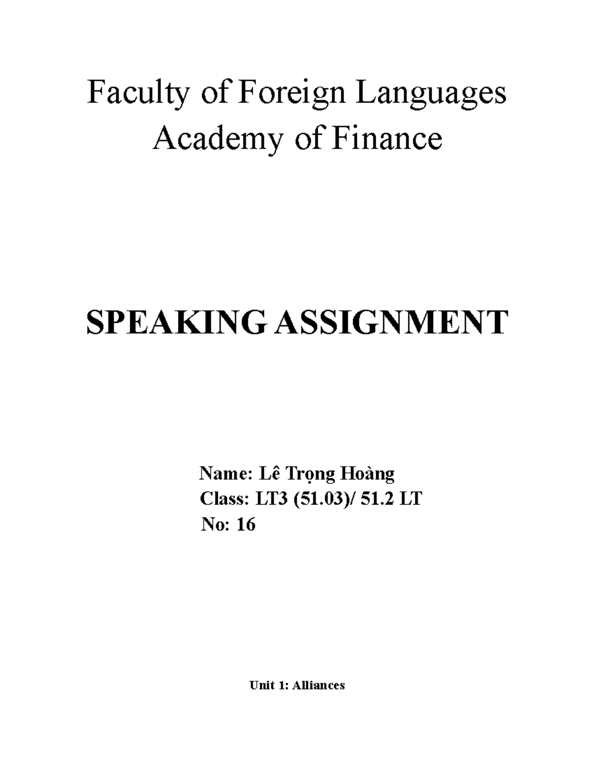 ENG 5 SPEAKING: Faculty of Foreign Languages Speaking Assignment - Studocu