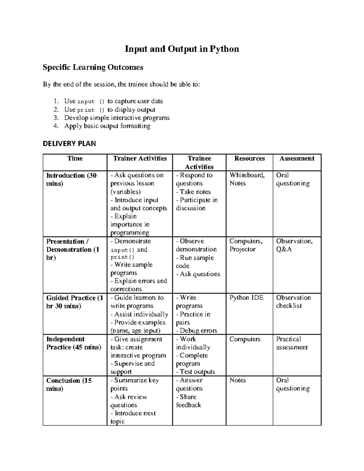 Input and Output in Python: Learning Outcomes and Delivery Plan - Studocu