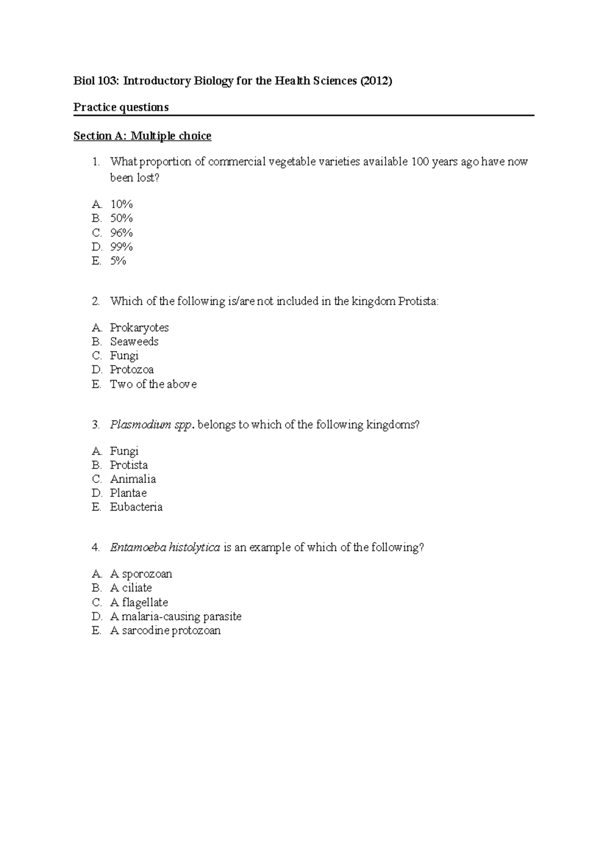 Biol 103 Final Exam Practice Questions and Answers (2012) - Studocu