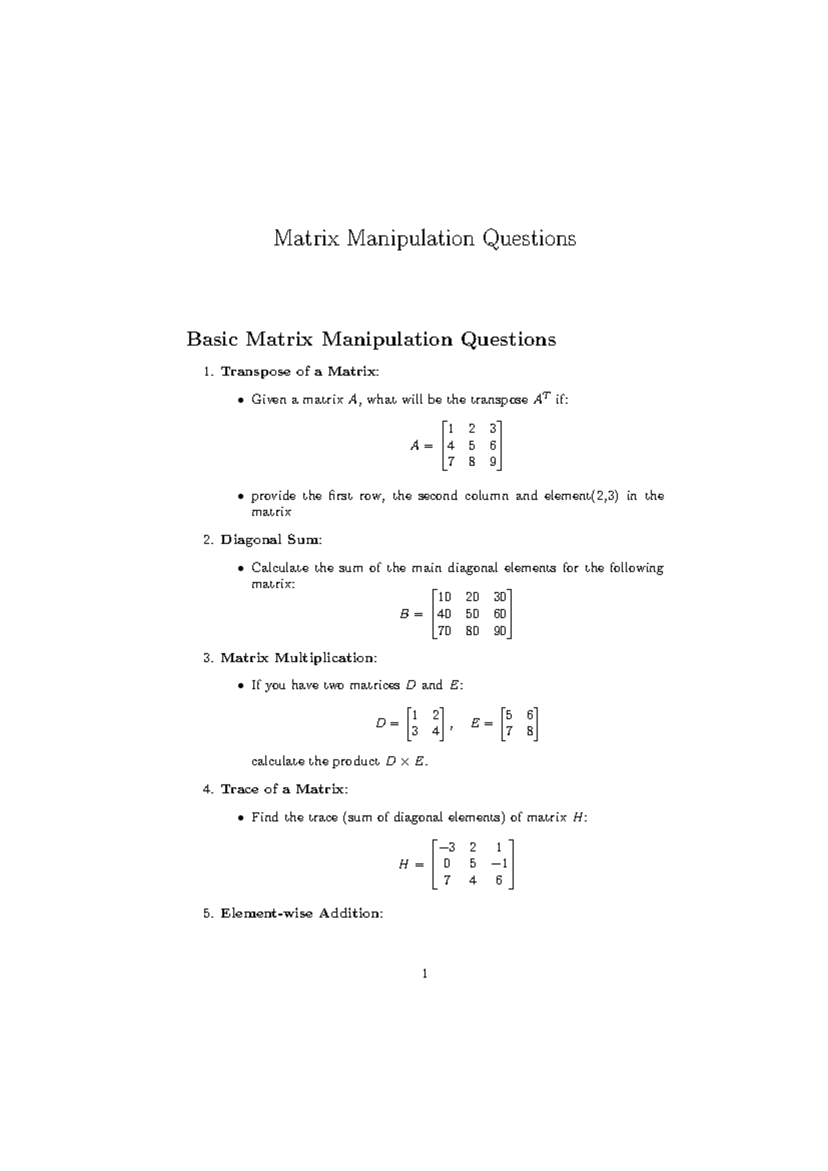 Basic Matrix Manipulation Questions - Math 101 - Studocu