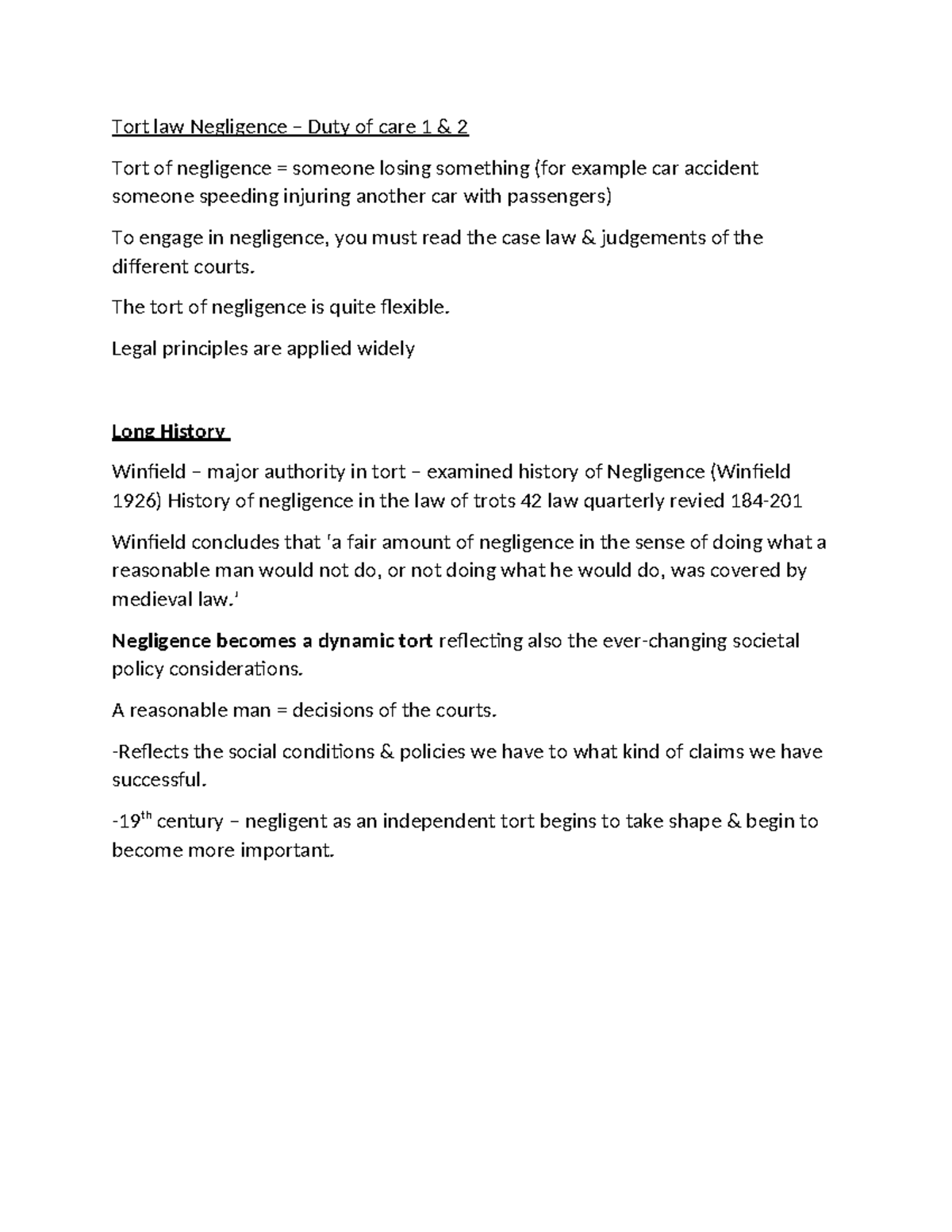 Tort Law 16/10/2023: Negligence & Duty of Care Overview - Studocu