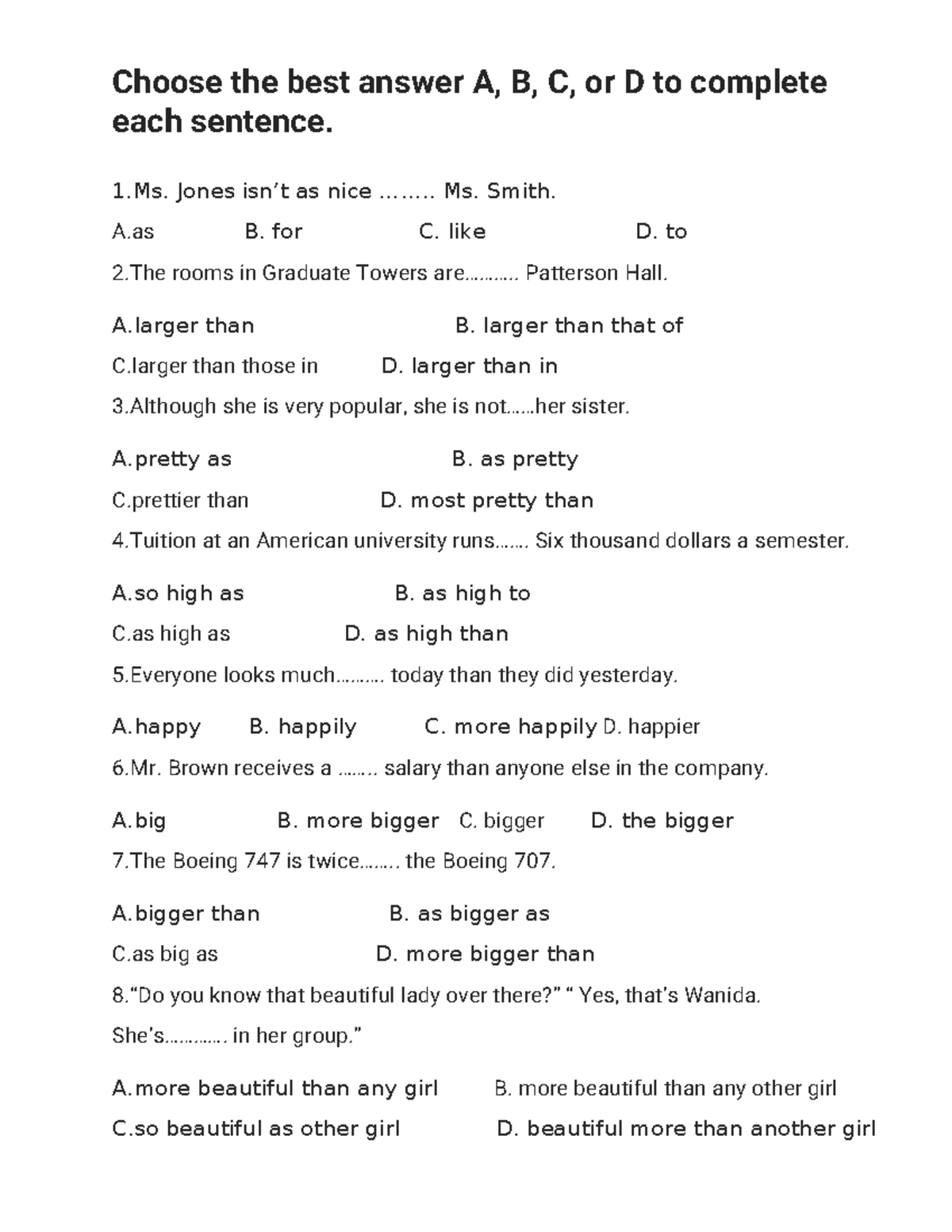 Choose the Best Answer: A, B, C, or D - Practice Quiz - Studocu