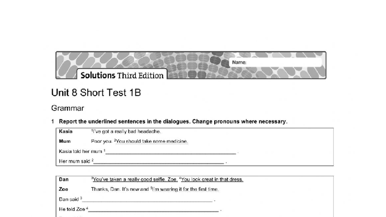 Solutions 3rd Ed. Unit 8 Short Test 1B: Grammar Report - Studocu