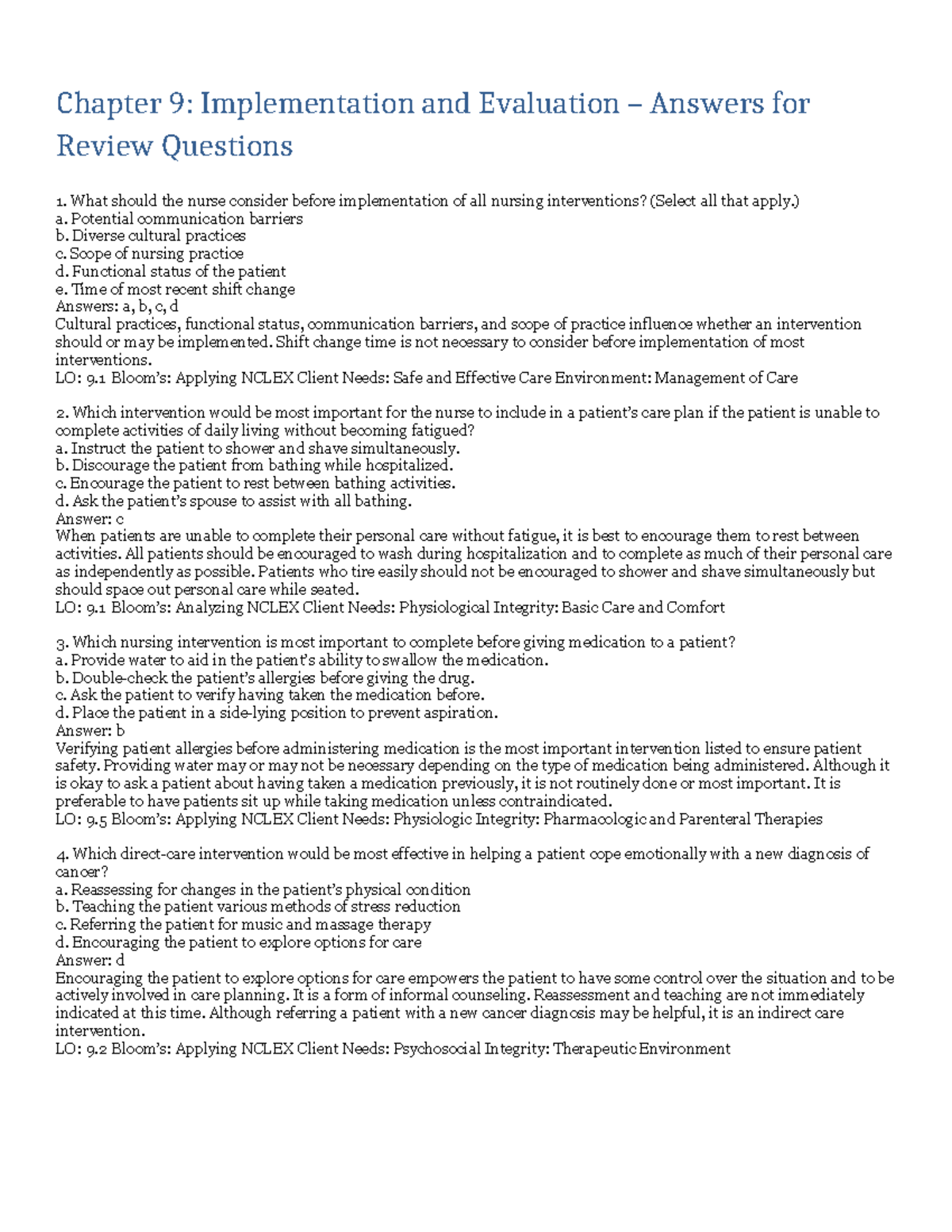 Chapter 9 Review Questions & Answers for Nursing Practice (Course Code ...