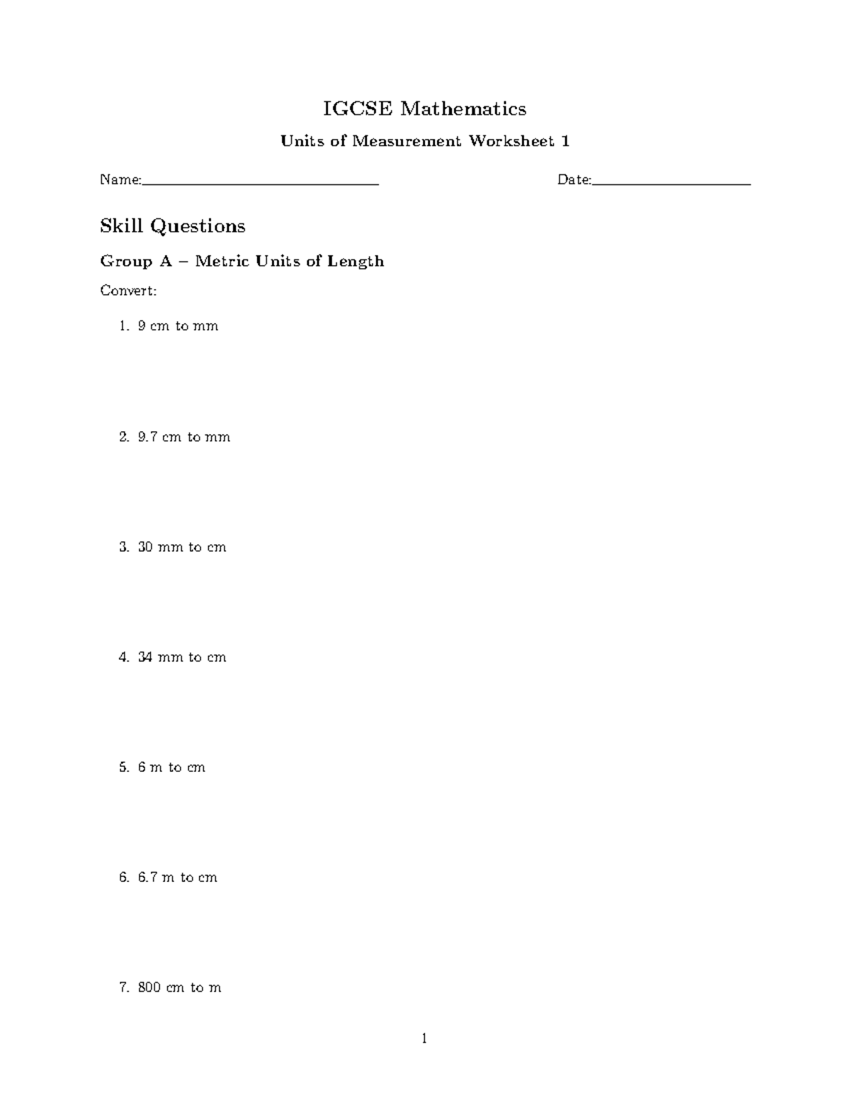 IGCSE Mathematics Units of Measurement Worksheet 1 - Studocu
