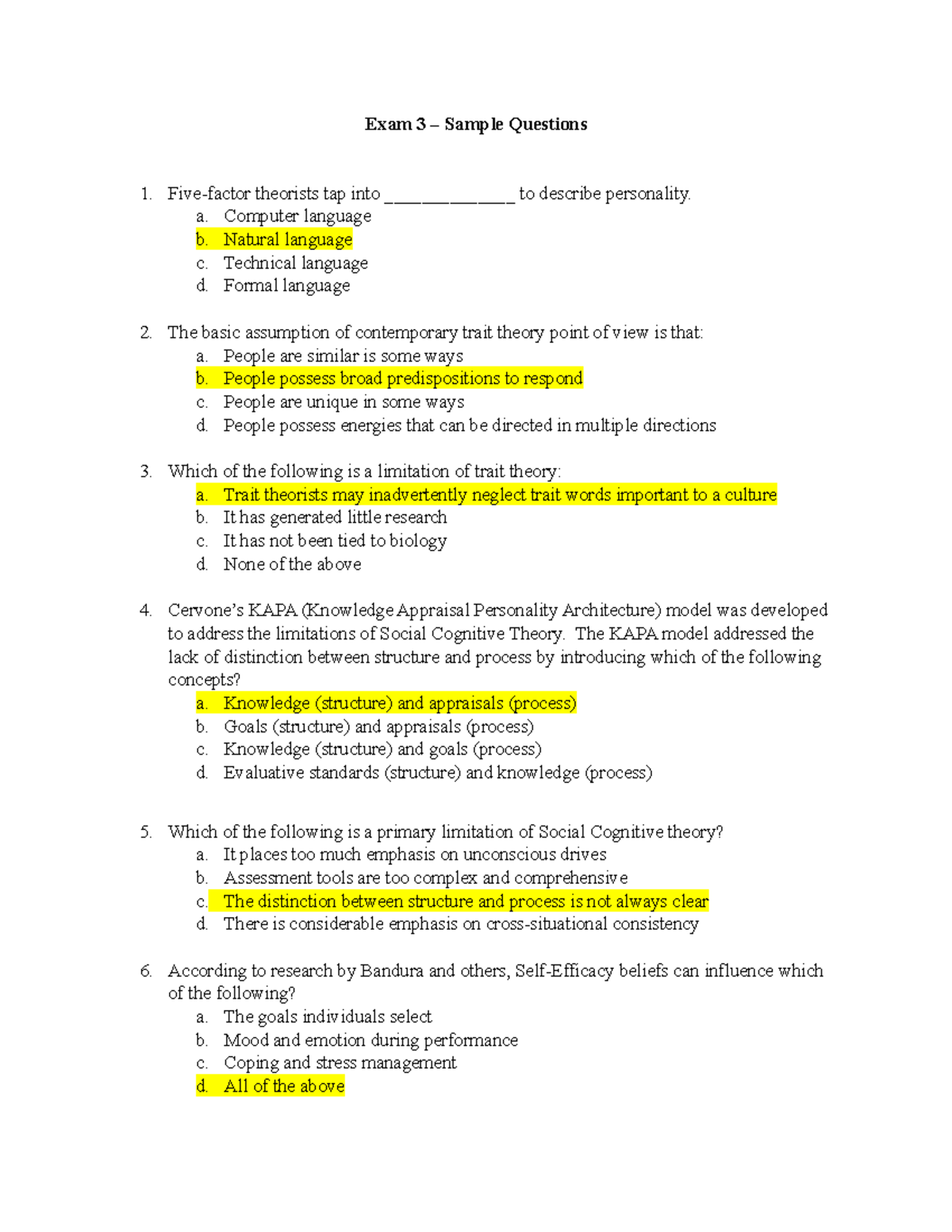 Exam 3 - Sample Questions in Personality Psychology (PSY 305) - Exam 3 ...