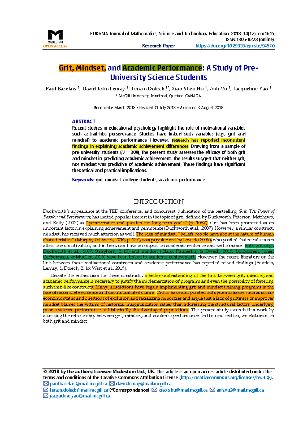 Grit, Mindset, and Academic Performance: A Study of Pre-University ...
