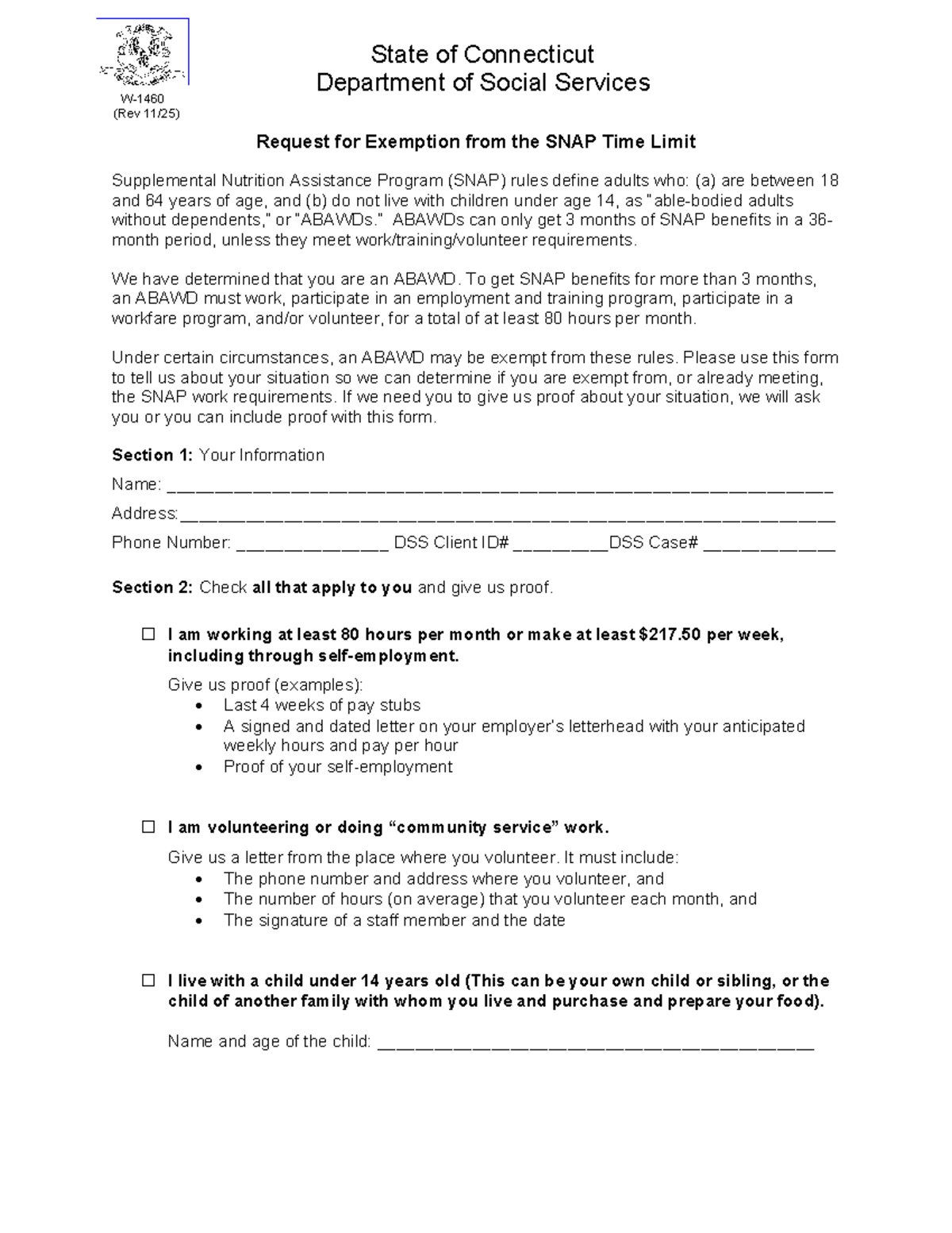 W1460 SNAP Work Exemption Form - State of Connecticut - Studocu