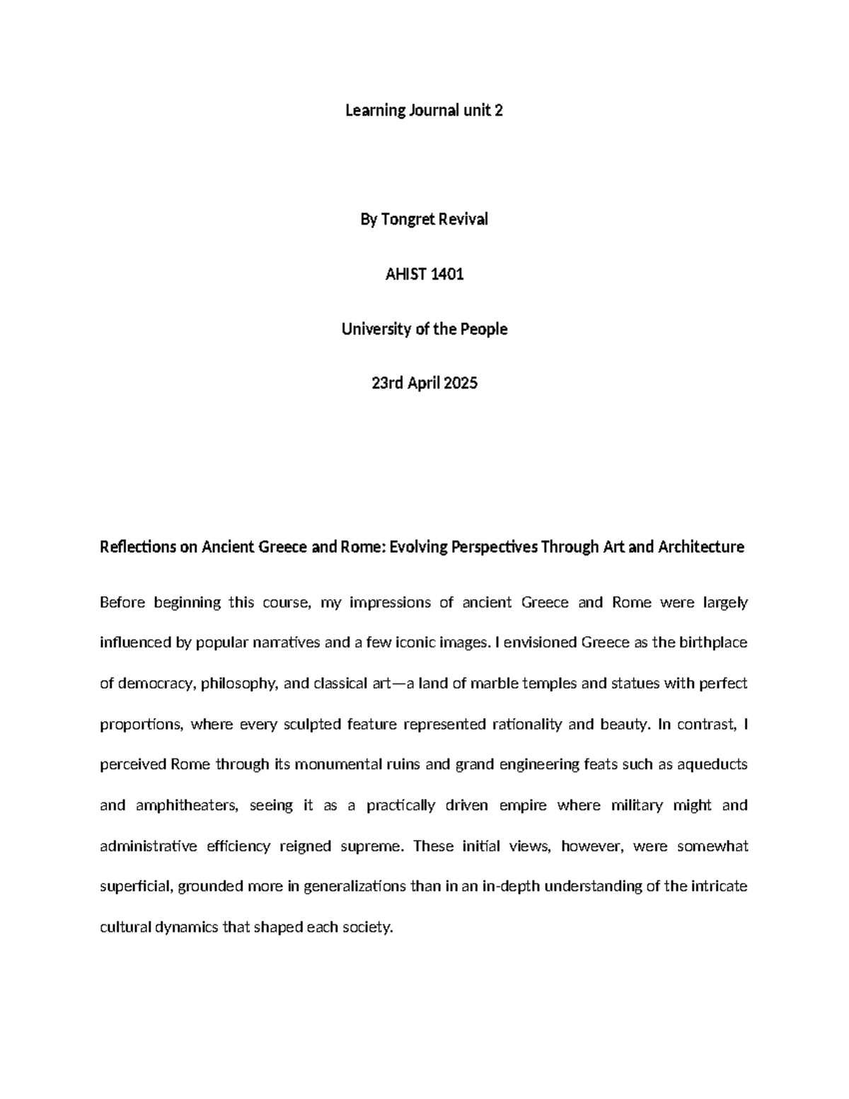 Reflections on Ancient Greece and Rome: AHIST 1401 Learning Journal ...