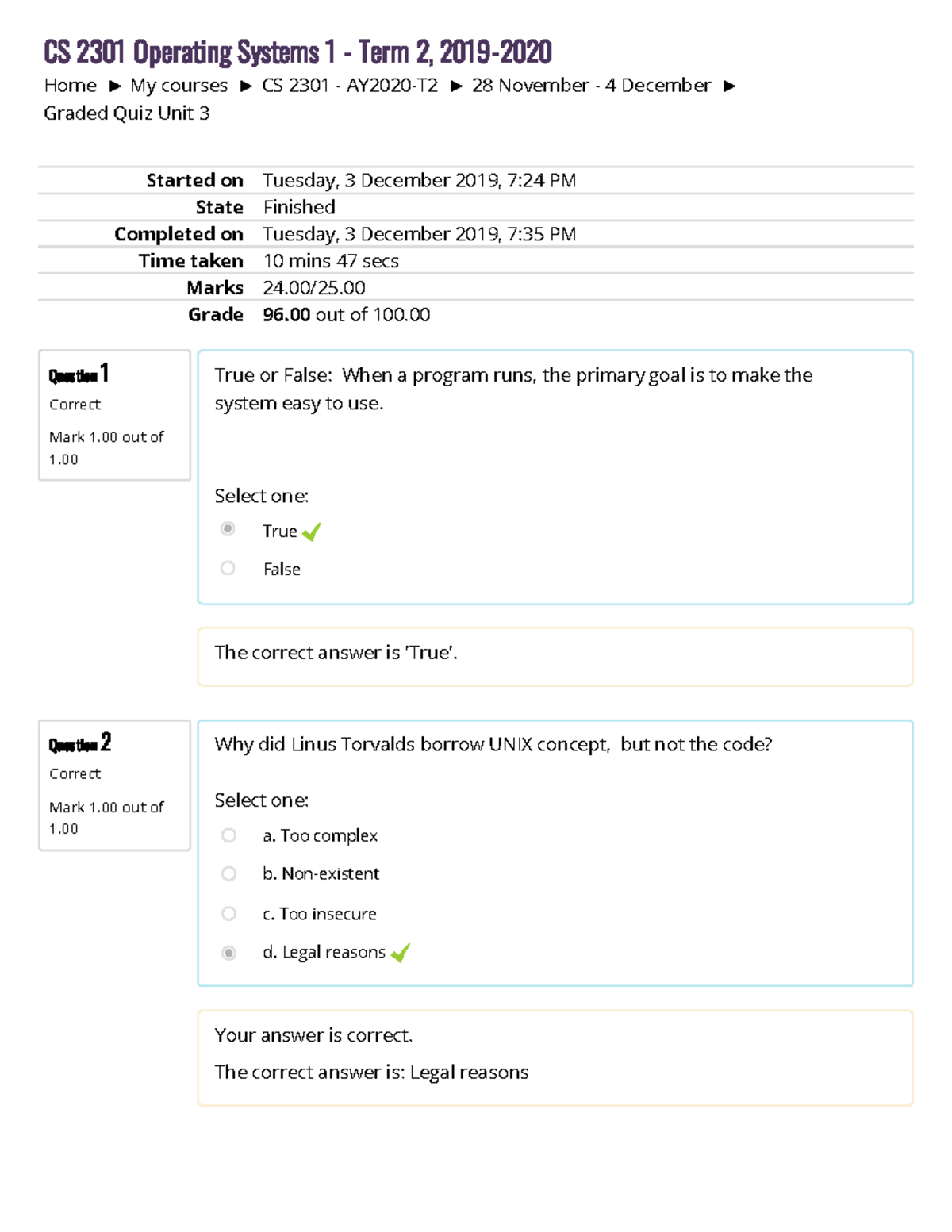 Graded Quiz – CS 2301 Operating Systems Unit 3 Summary - Studocu