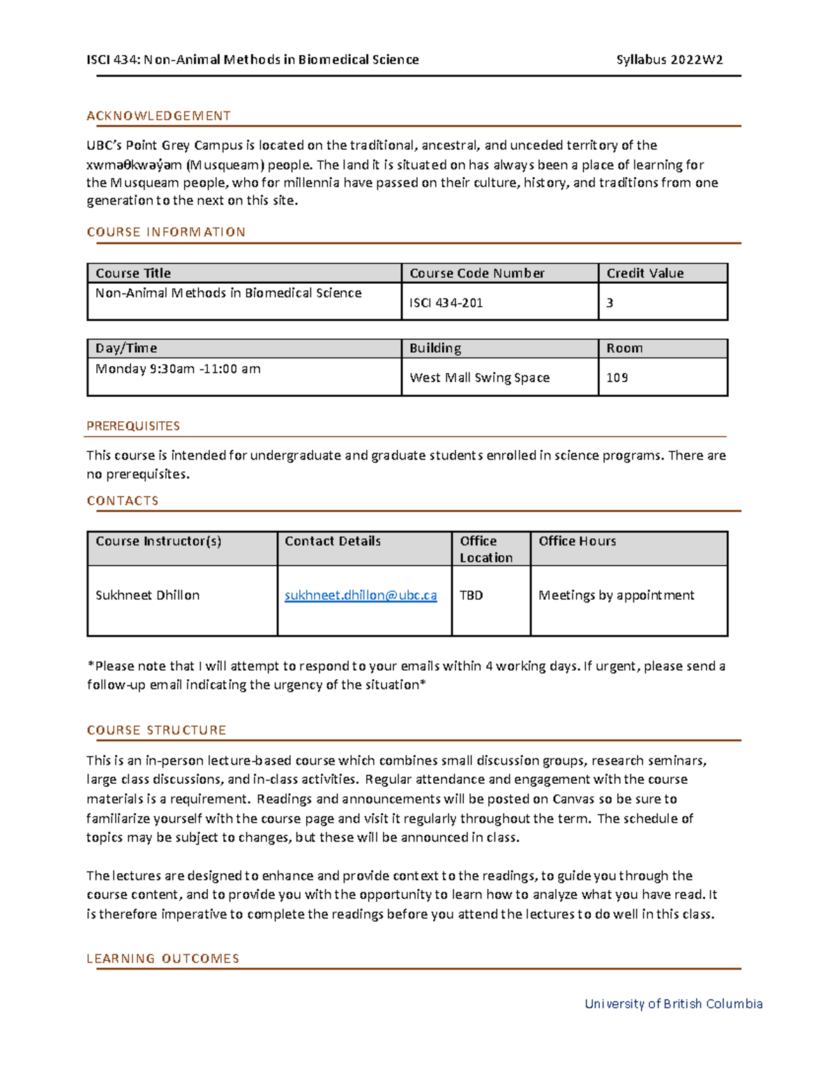 ISCI 434 Syllabus 2022W2 V2 - ACKNOWLEDGEMENT UBC’s Point Grey Campus ...