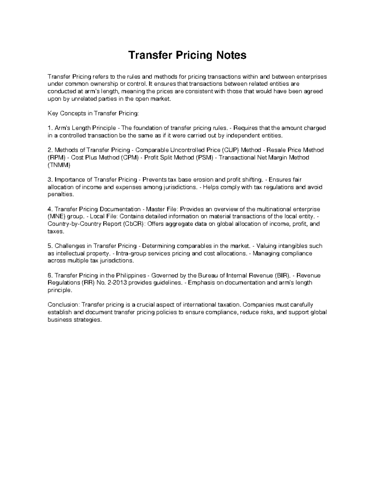 Transfer Pricing Notes: Key Concepts and Methods Explained - Studocu