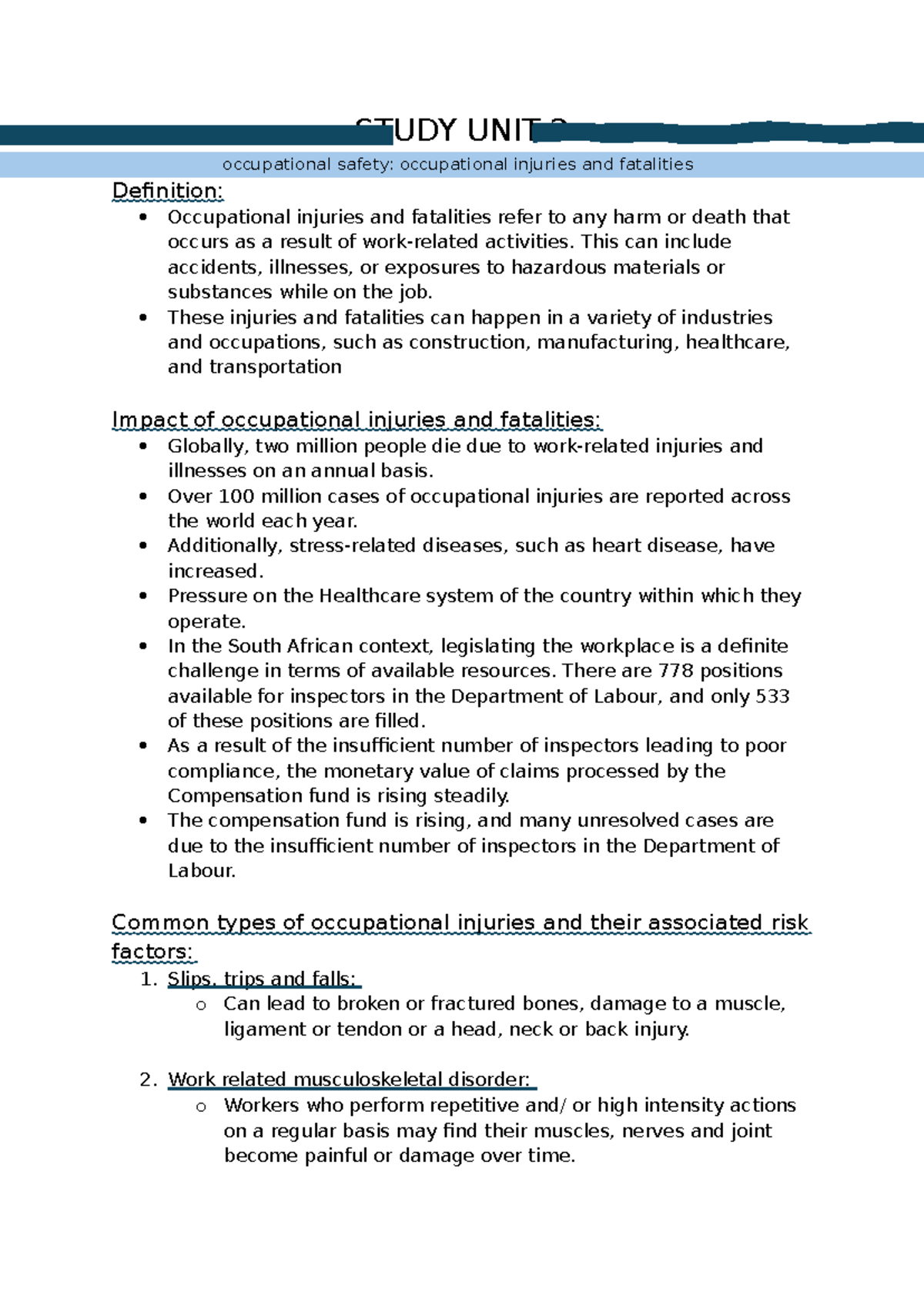 Study Unit 2: Occupational Safety, Injuries & Workplace Violence - Studocu