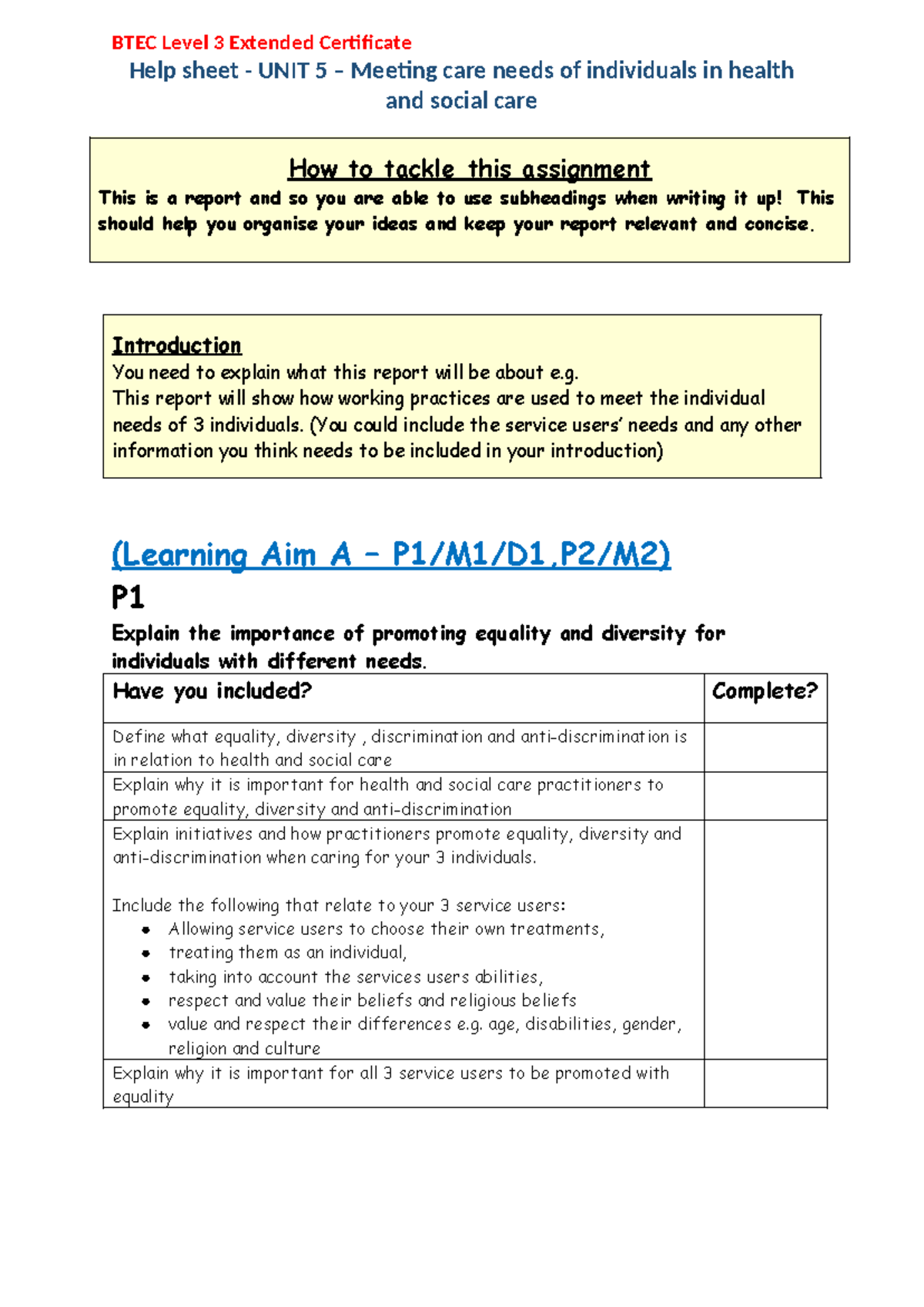 Help Sheets for UNIT 5: Meeting Care Needs in Health & Social Care ...