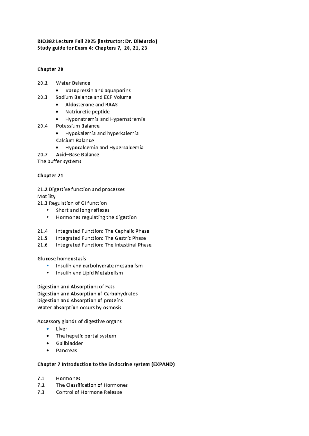 BIO382 Lecture Study Guide for Exam 4 - Fall 2025 - Studocu