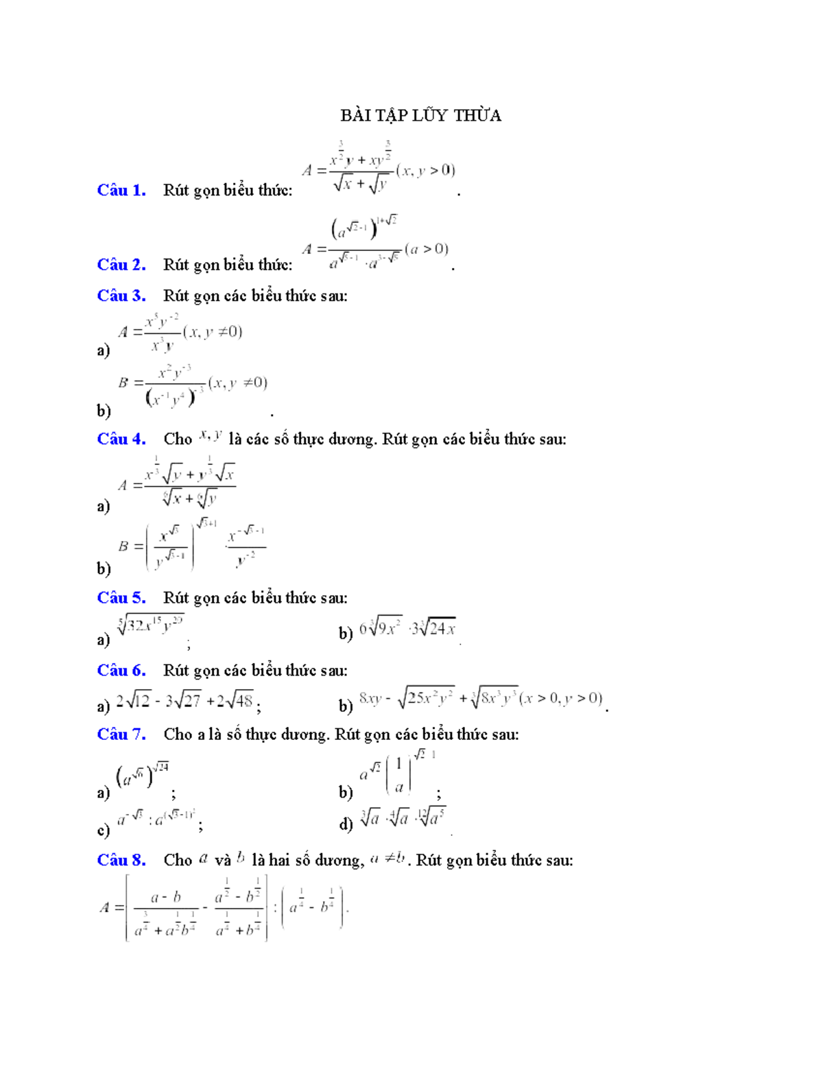 BÀI TẬP LŨY THỪA - RÚT GỌN BIỂU THỨC (MATH 101) - Studocu