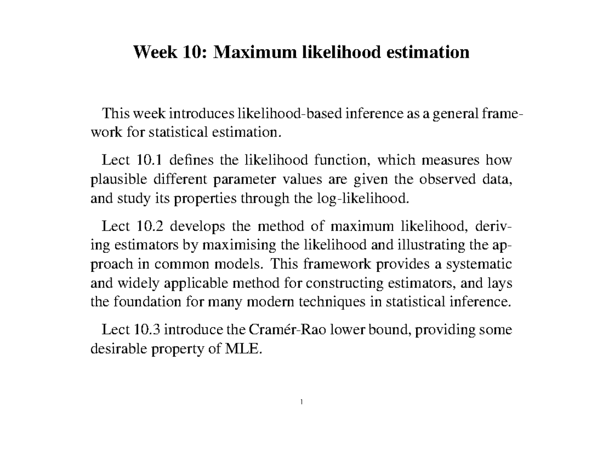 Week 10: Maximum Likelihood Estimation Lecture Notes - Studocu