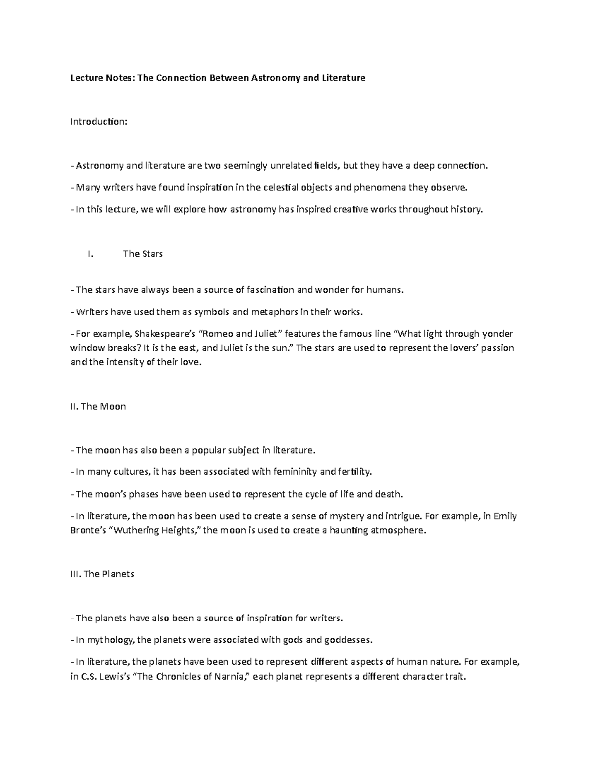 Lecture Notes: The Connection Between Astronomy and Literature ...