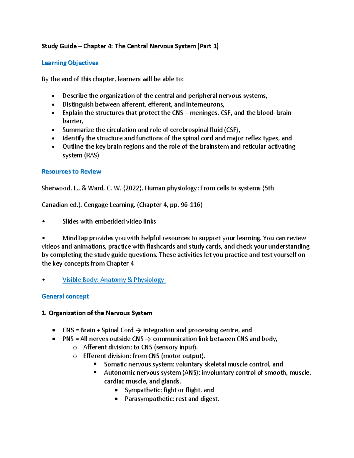 Study Guide CH 4: The Central Nervous System (Part 1) - Studocu
