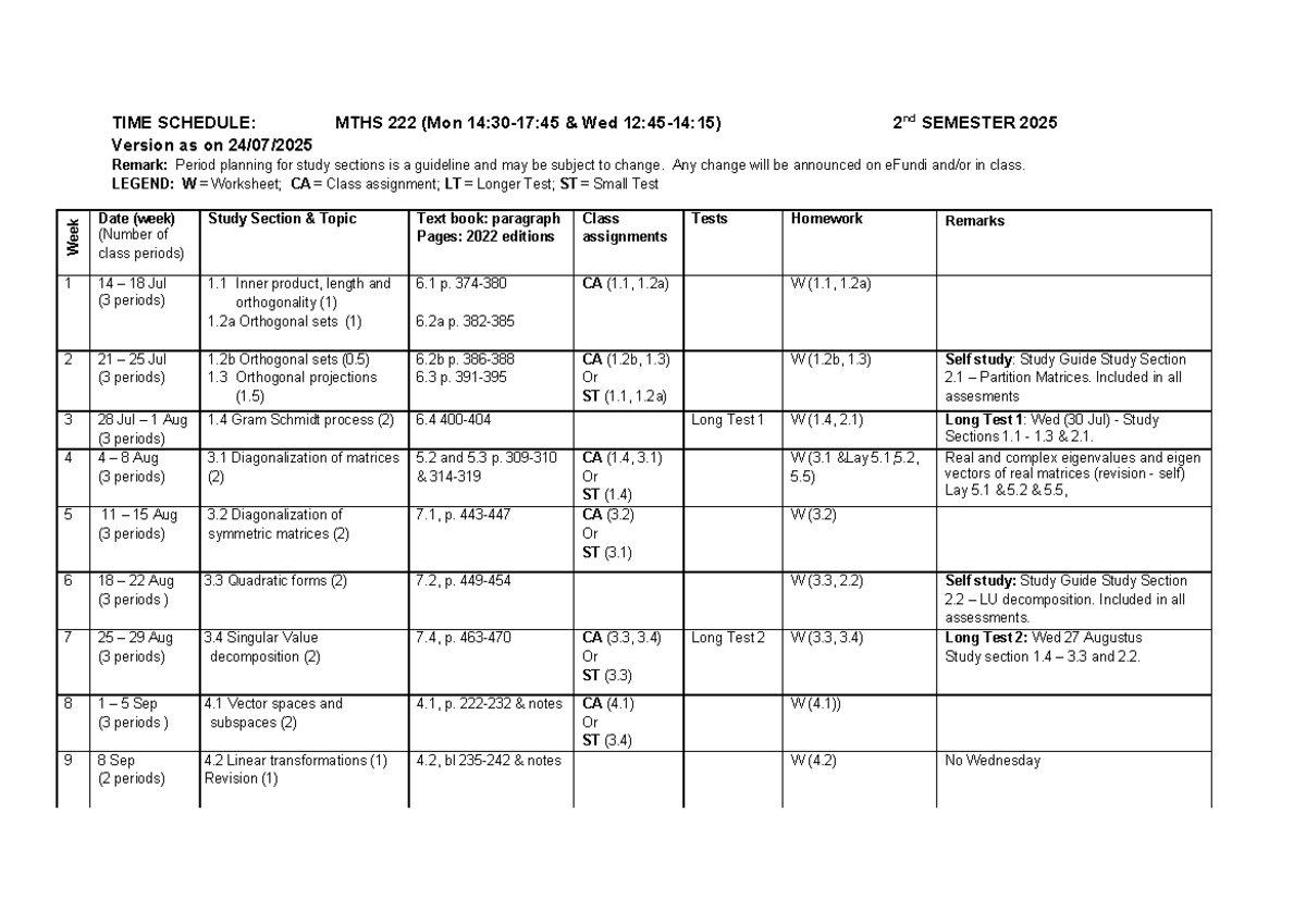 2025 MTHS222 Time Schedule: Semester 2 Class Planning - Studocu