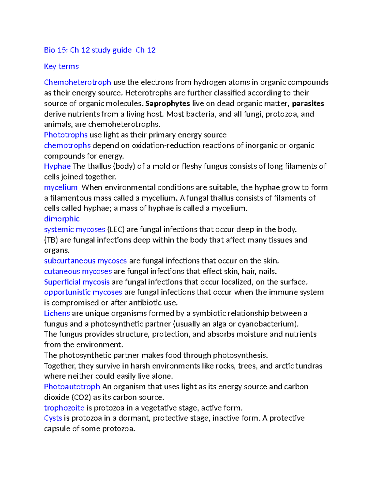 Bio 15: Chapter 12 Study Guide on Chemoheterotrophs and Fungi - Studocu