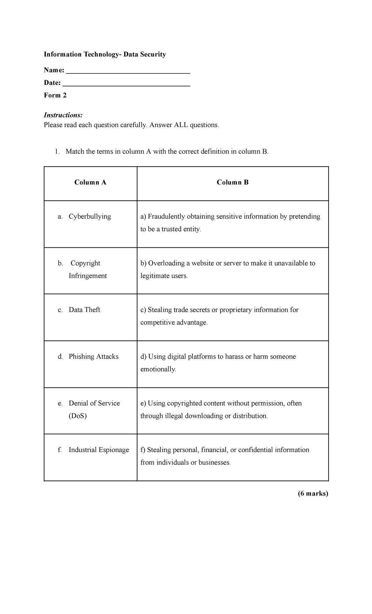 Form 2 - Data Security Quiz: Cyber Threats & Protection Measures - Studocu