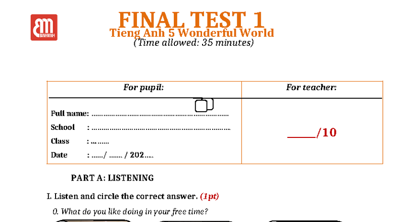 TA 5 - Wonderful World - Final Test 1 Listening & Reading - Studocu