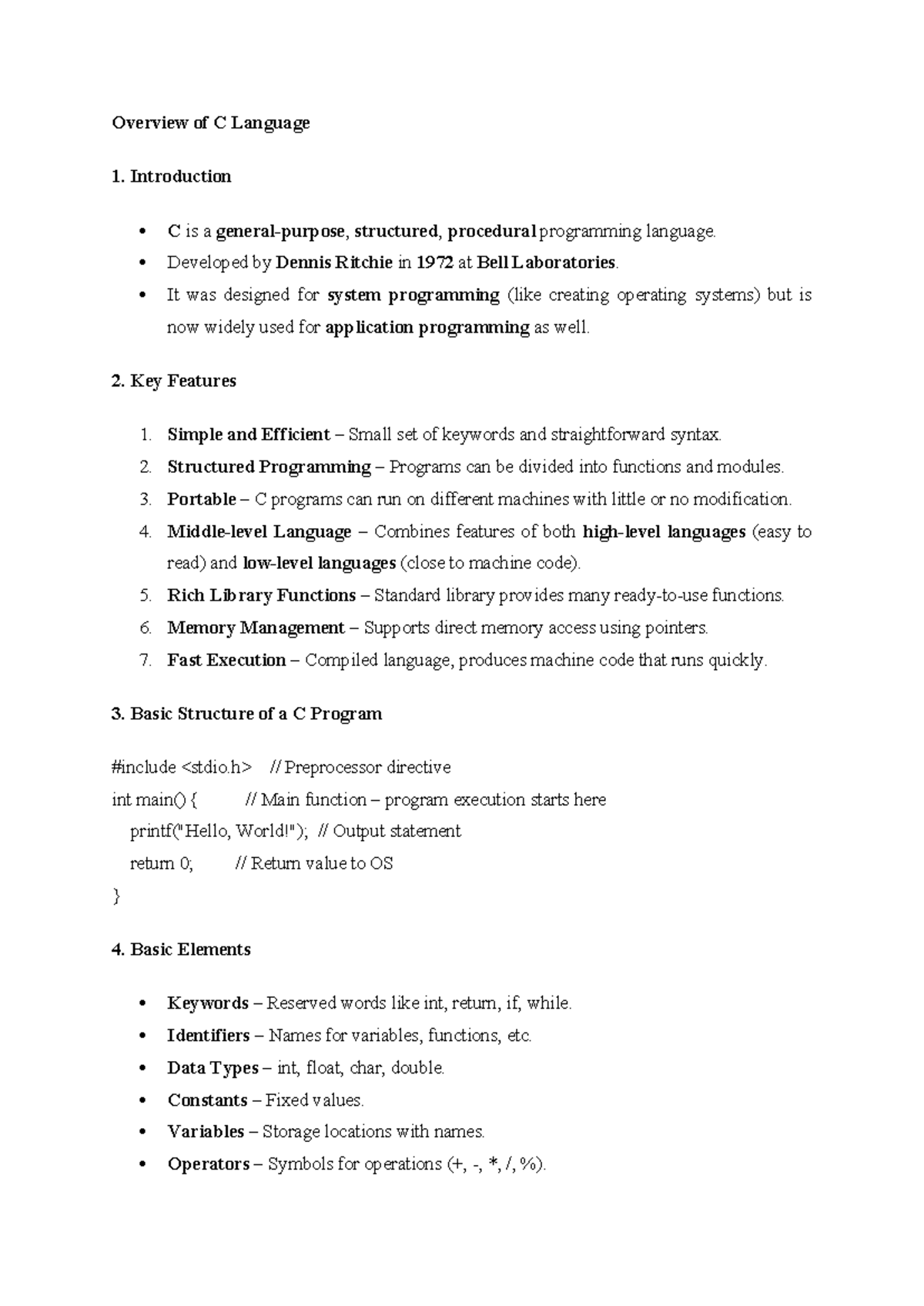 Overview of C Language - Key Features and Basics - Studocu
