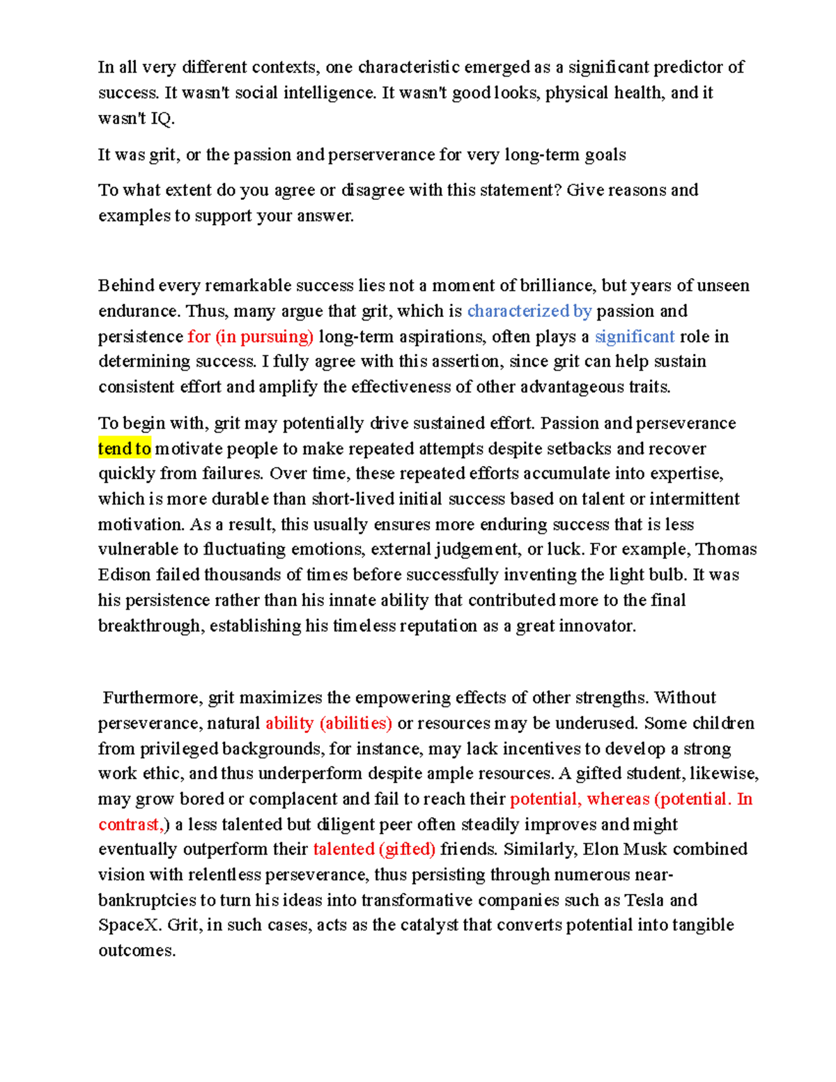 H2 - Essay: The Role of Grit in Achieving Success - Studocu